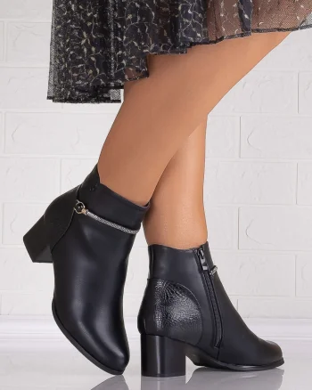 Botine Dama Imblanite cu toc Negre din Piele Ecologica Velenza