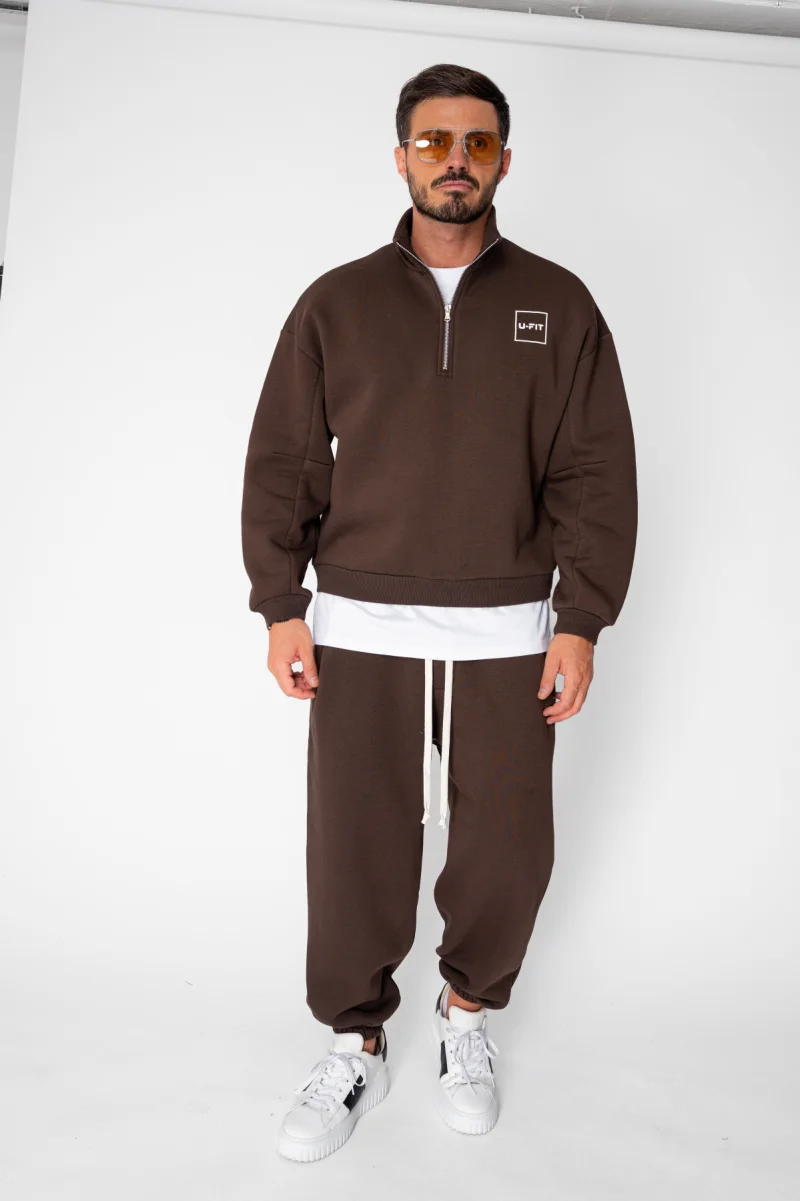 Set Urban Winter bluza cu fermoar scurt si pantalon Baggy Brown