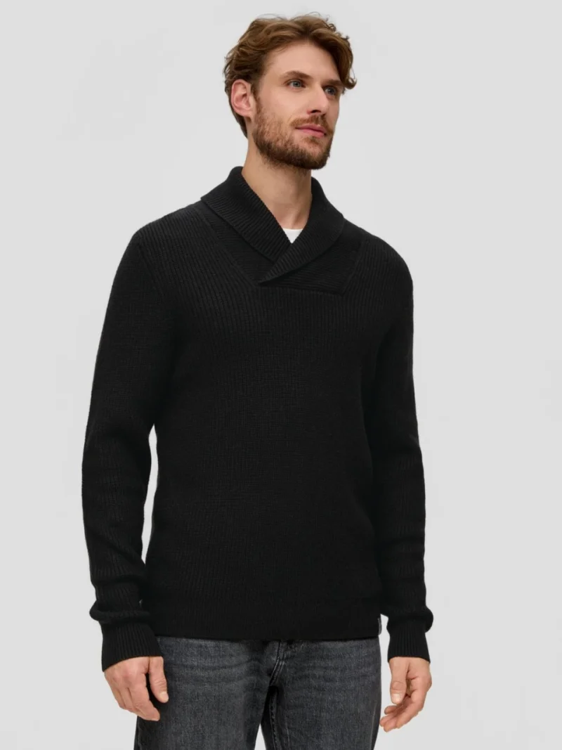 Pulover barbati din tricot cu guler sal, din amestec de bumbac si lana, Negru (SELECTATI MARIMEA: 3XL)