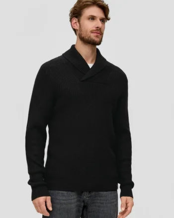 Pulover barbati din tricot cu guler sal, din amestec de bumbac si lana, Negru (SELECTATI MARIMEA: 3XL)