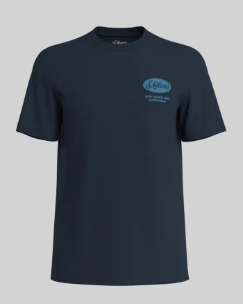 s.Oliver Big Sizes Tricou barbati big sizes cu decolteu la baza gatului si imprimeu cu logo, Bleumarin (SELECTATI MARIMEA: 2XL)