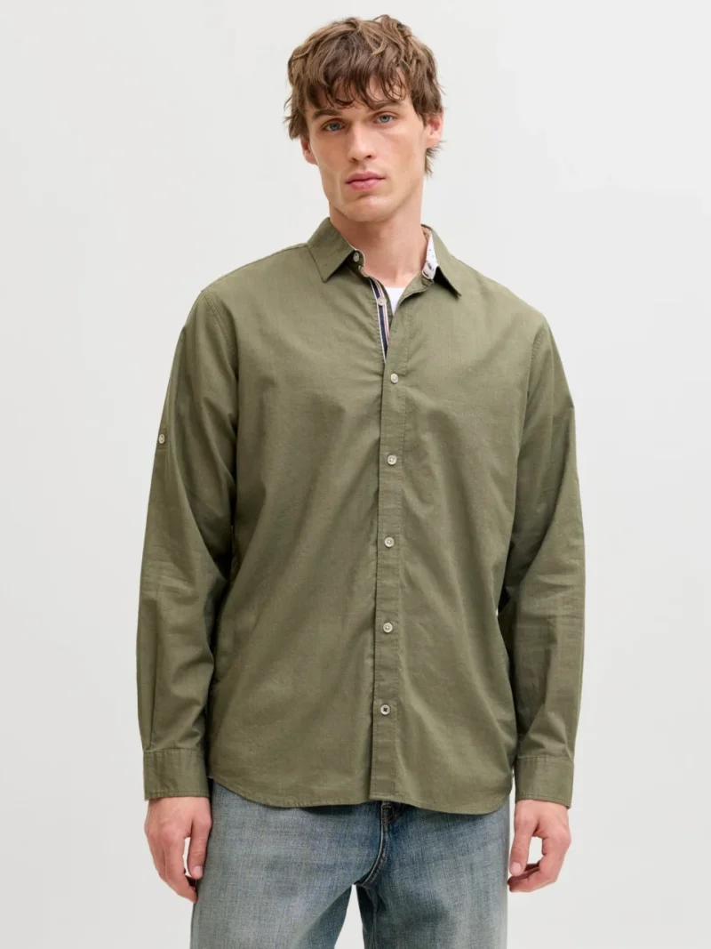 Jack & Jones Camasa barbati, Regular fit, Henry, din bumbac, Olive (SELECTATI MARIMEA: L)