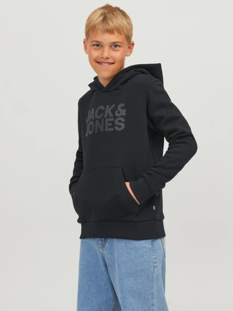 Jack & Jones Hanorac baieti, Regular Fit cu buzunar tip marsupiu si imprimeu cu logo, Negru (SELECTATI MARIMEA: 128 cm)