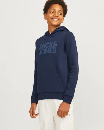 Jack & Jones Hanorac baieti, Regular Fit cu buzunar tip marsupiu si imprimeu cu logo, Bleumarin inchis (SELECTATI MARIMEA: 140 cm)