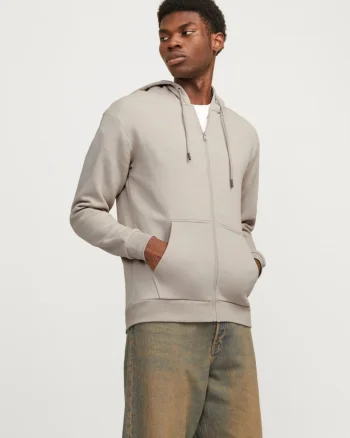 Jack & Jones Hanorac barbati, cu fermoar si gluga, Regular fit, JJEBRADLEY, Bej (SELECTATI MARIMEA: XS)