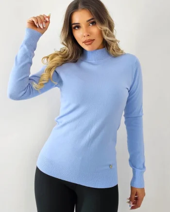Bluza cu casmir si lana, Rona, guler inalt si accesoriu inima, Albastru deschis, Marime S/M
