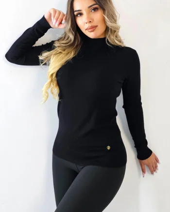 Pulover gros pe gat, Rona, cu maneca lunga si accesoriu trendy, Negru, Marime S/M