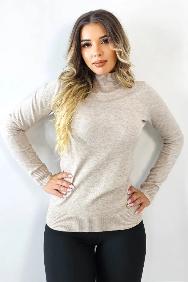 Bluza dama Rona, cu guler inalt si maneca lunga, Latte, Marime S/M
