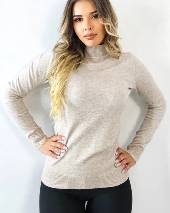 Bluza dama Rona, cu guler inalt si maneca lunga, Latte, Marime S/M