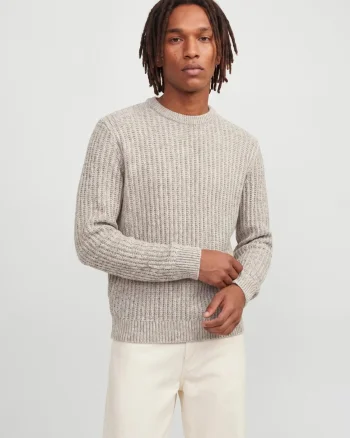 Jack & Jones Pulover tricotat, barbati, in doua noante cu decolteu la baza gatului, Regular fit, JJJAXON, Bej melanj (SELECTATI MARIMEA: XS)