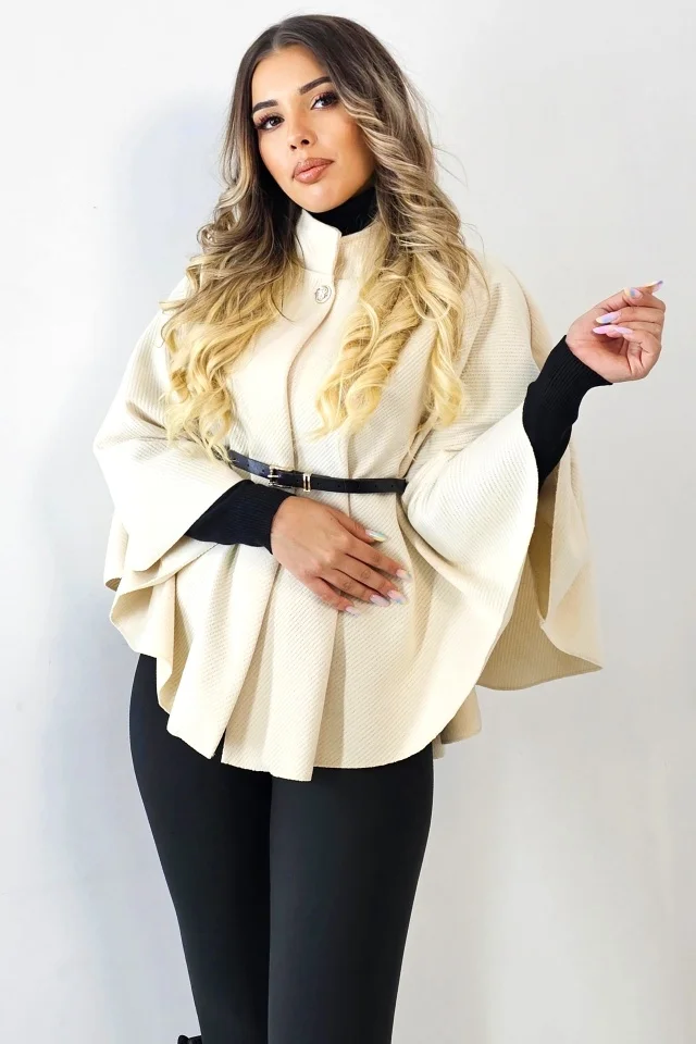 Jachetă stofă elegantă Amalia, cu croiala evazata si curea asortata, Crem