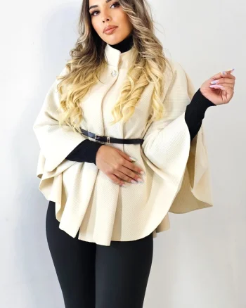 Jachetă stofă elegantă Amalia, cu croiala evazata si curea asortata, Crem