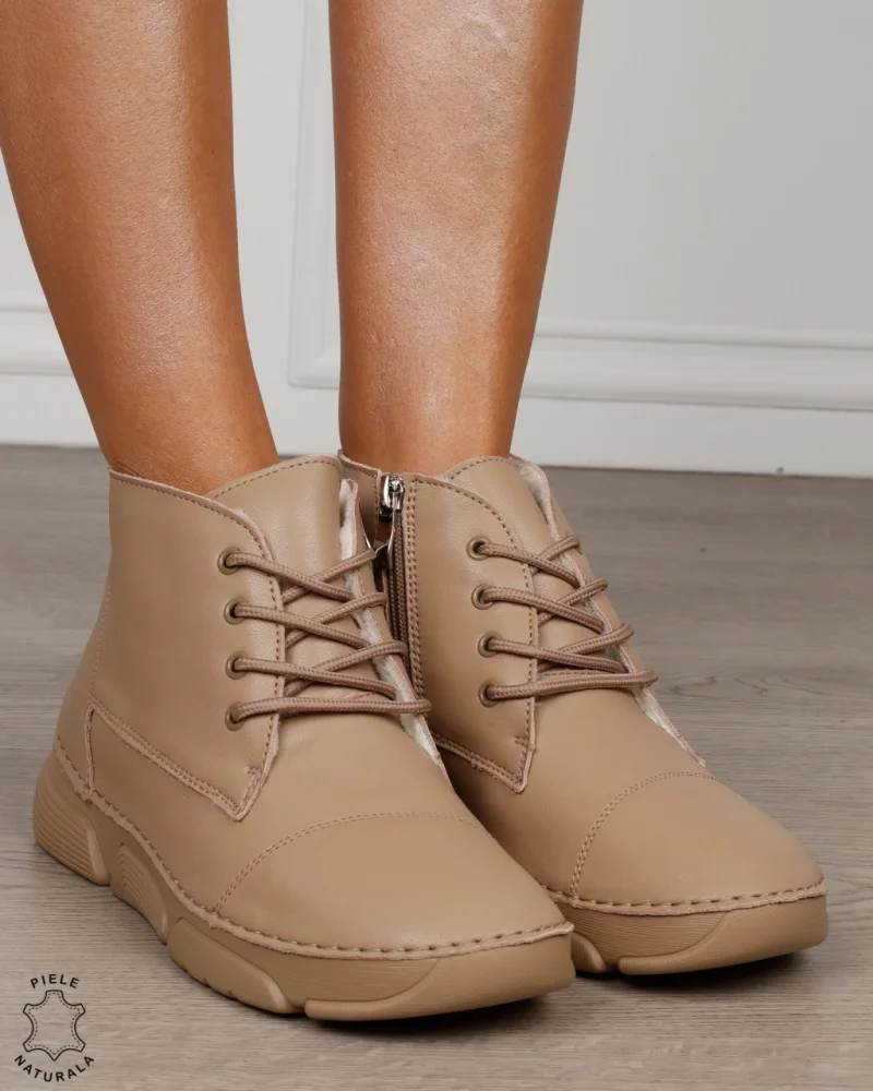 Ghete damă din piele naturală cu șireturi și talpă groasă CRL1872 KHAKI