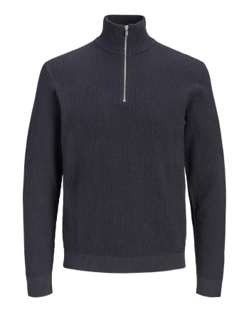 Jack & Jones Pulover barbati cu fermoar la baza gatului, din bumbac organic, JPRBLUSTANLEY, Bleumarin inchis (SELECTATI MARIMEA: XS)