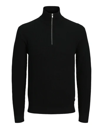 Jack & Jones Pulover barbati cu fermoar la baza gatului, din bumbac organic, JPRBLUSTANLEY, Negru (SELECTATI MARIMEA: XS)