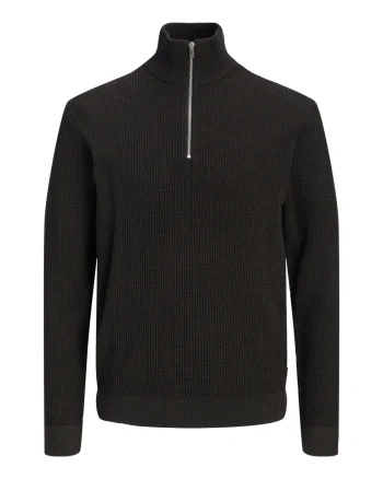 Jack & Jones Pulover barbati cu fermoar la baza gatului, din bumbac organic, JPRBLUSTANLEY, Maro inchis (SELECTATI MARIMEA: S)