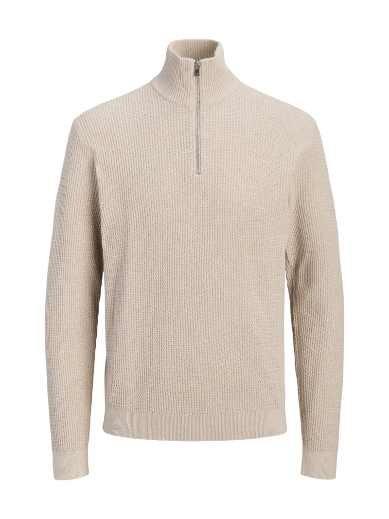 Jack & Jones Pulover barbati cu fermoar la baza gatului, din bumbac organic, JPRBLUSTANLEY, Bej (SELECTATI MARIMEA: XS)