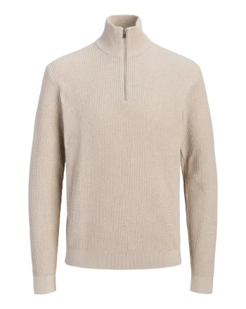 Jack & Jones Pulover barbati cu fermoar la baza gatului, din bumbac organic, JPRBLUSTANLEY, Bej (SELECTATI MARIMEA: XS)