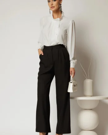 Pantaloni DY Fashion negri cu croi larg si pliuri din talie