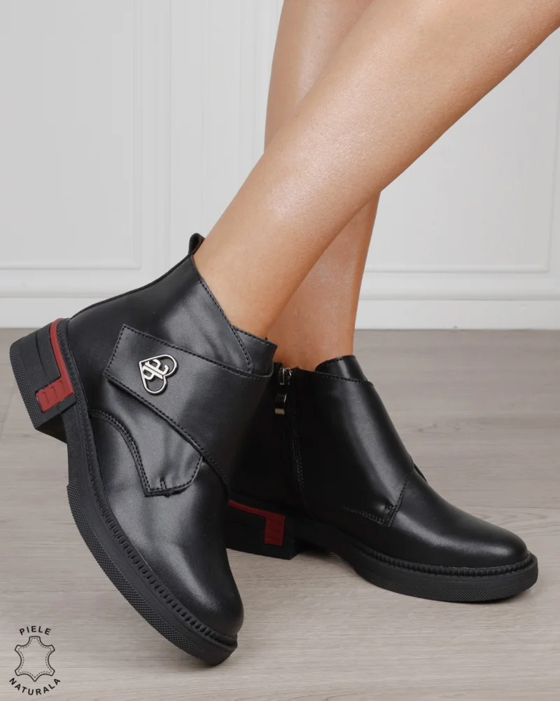 Ghete damă casual din piele cu baretă și cataramă laterală CRL1888 NEGRU