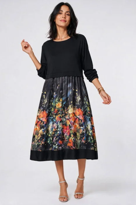 Rochie midi dama din jerseu si satin de matase cu imprimeu floral multicolor pe fond negru