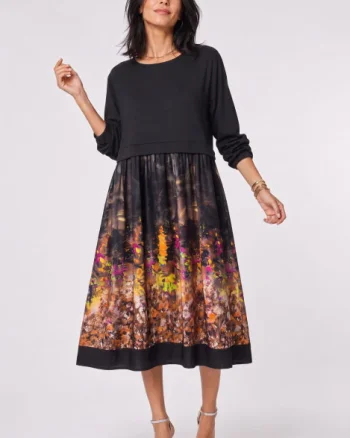 Rochie midi dama din jerseu si satin de matase cu imprimeu floral multicolor pe fond negru cu gri