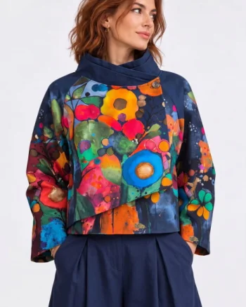 Jacheta scurta petrecuta cu imprimeu floral abstract multicolor, bleumarin
