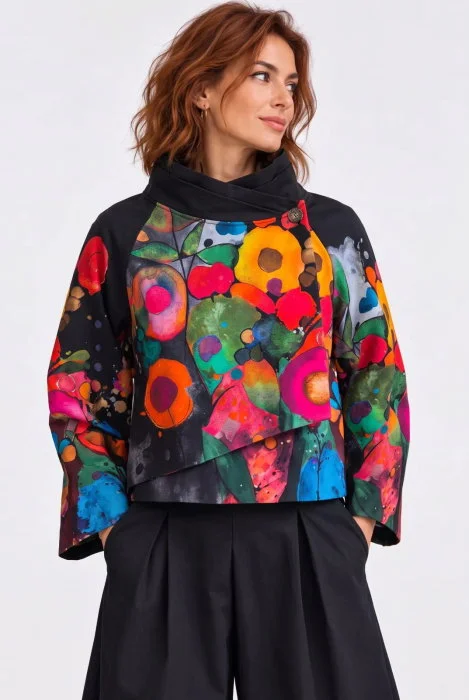Jacheta scurta petrecuta cu imprimeu floral abstract multicolor, negru