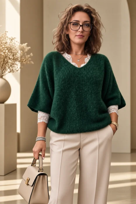 Pulover pufos cu alpaca, oversize cu maneca fluture, verde inchis