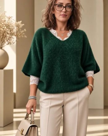 Pulover pufos cu alpaca, oversize cu maneca fluture, verde inchis