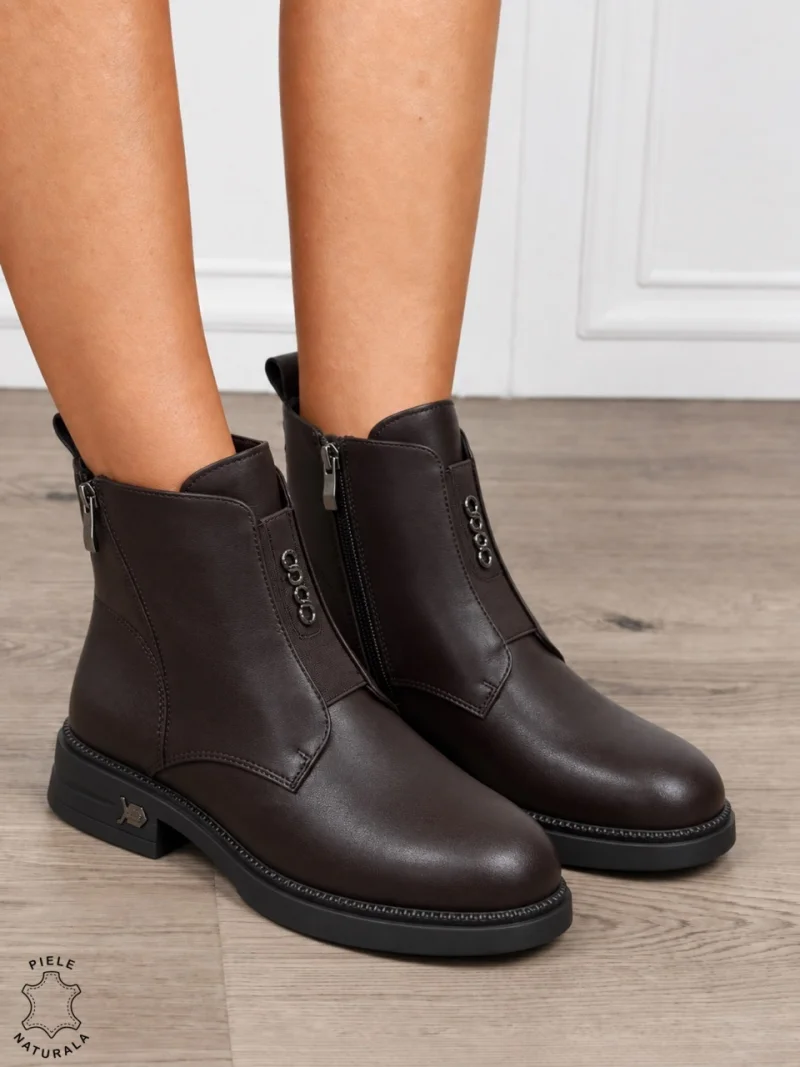 Ghete Negre din Piele Naturala cu Fermoar lateral CRL1244 cafeniu