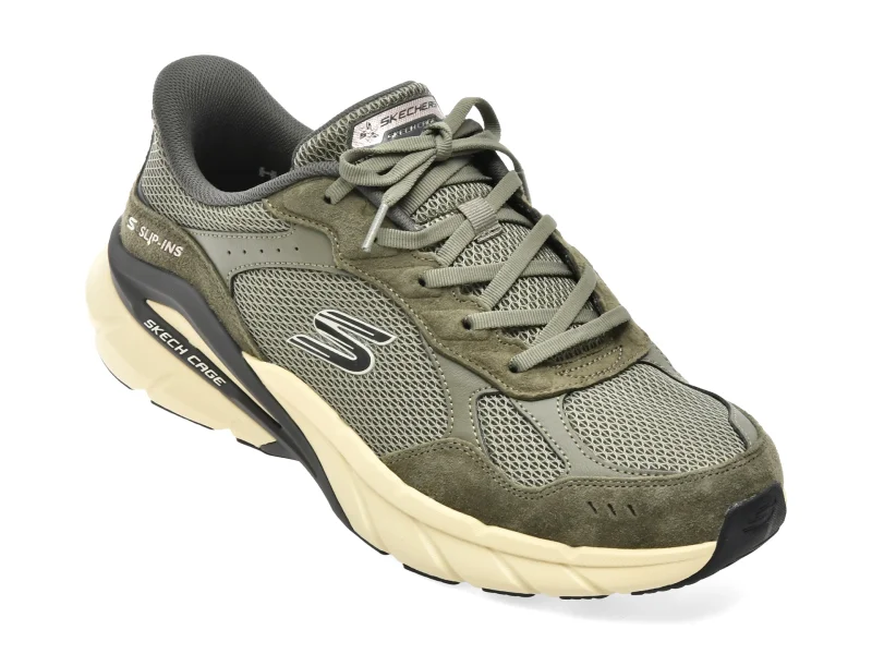 Pantofi sport SKECHERS kaki, SKECH CAGE, din material textil si piele naturala