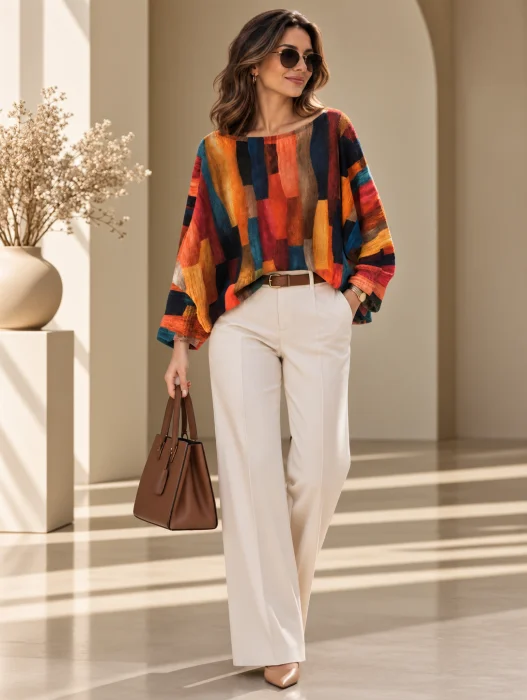 Bluza cu maneca fluture si imprimeu pictural cu model geometric portocaliu, rosu si albastru