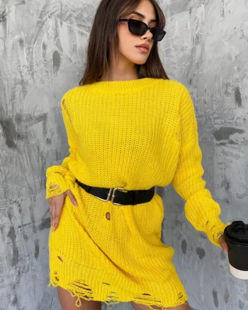 Pulover lung tricotat Laura, cu decupaje in material, Galben, Marime universala S/M/L