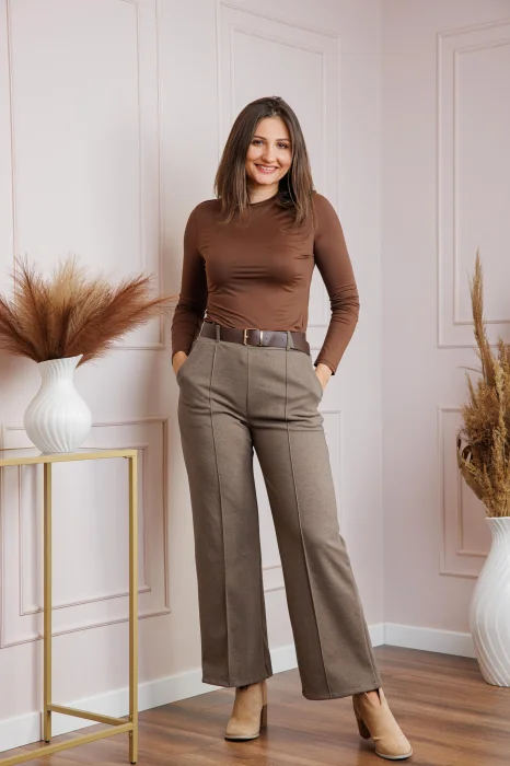 Pantaloni dama maro taupe cu talie inalta si curea Rita