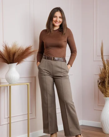 Pantaloni dama maro taupe cu talie inalta si curea Rita