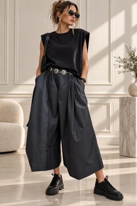 Pantaloni palazzo asimetrici cu panou suprapus in dungi si croi amplu, gri