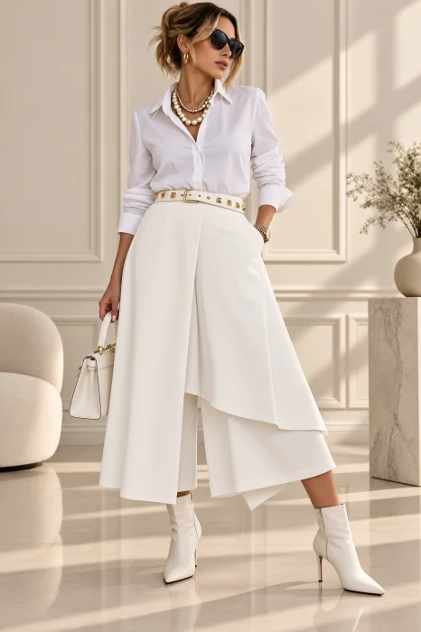 Fusta pantalon alba, suprapusa, asimetrica, eleganta si spectaculoasa