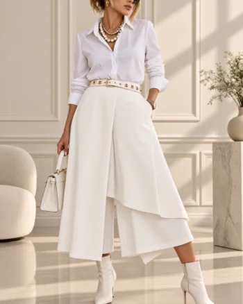 Fusta pantalon alba, suprapusa, asimetrica, eleganta si spectaculoasa