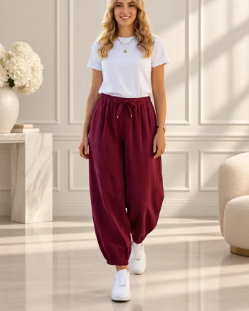 Pantaloni tip balon din catifea raiata cu talie elastica si buzunare, bordo