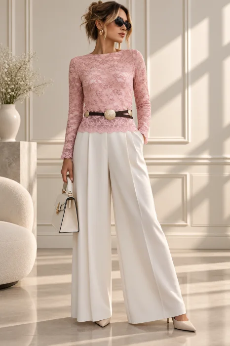 Bluza dama eleganta din dantela elastica cu insertii din catifea, roz prafuit