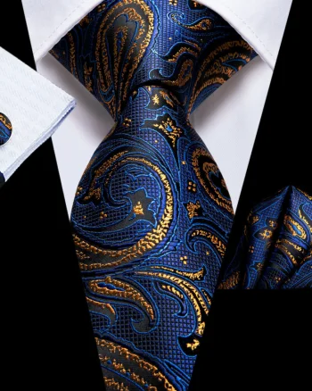 Set cravata bleumarin cu auriu + batista + butoni - matase - model 31