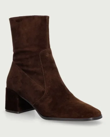 Nokwol  botine cu toc pentru femei din piele întoarsă Jan Brown Suede