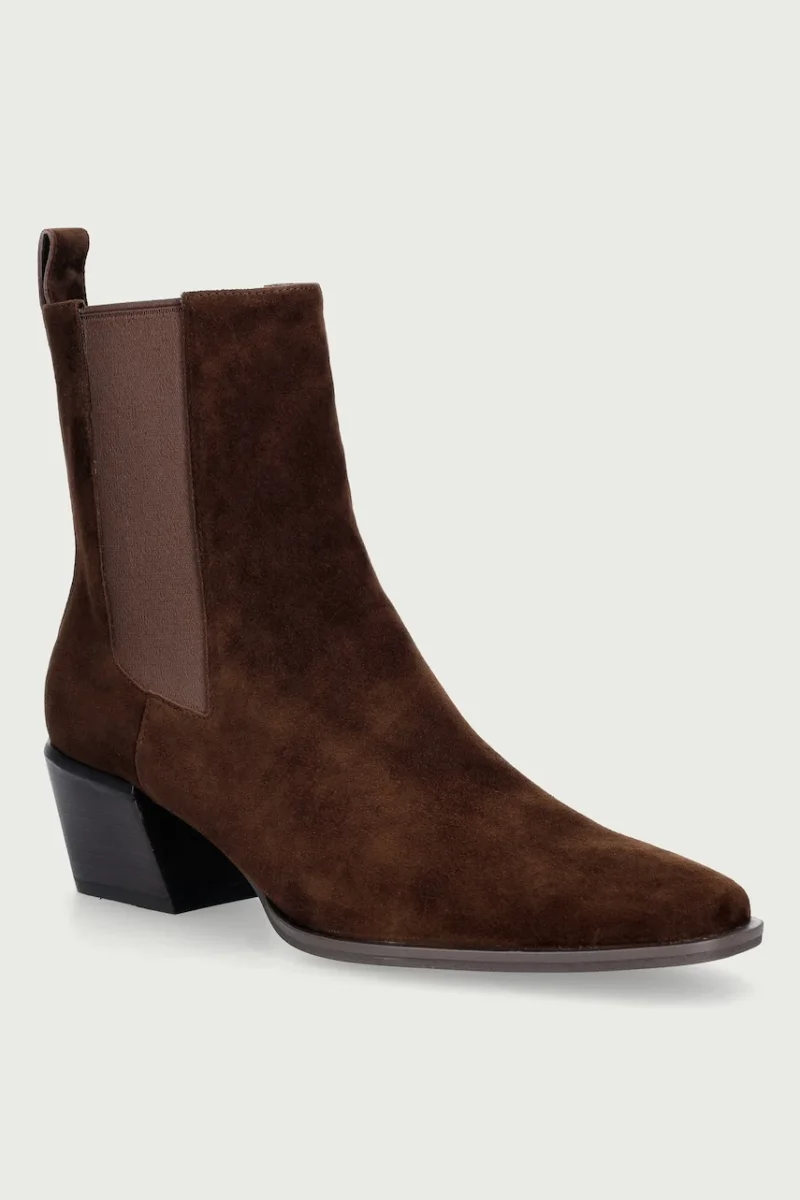 Nokwol  ghete scurte cu toc pentru femei din piele întoarsă Dusi Chocolate Suede
