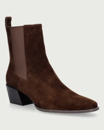 Nokwol  ghete scurte cu toc pentru femei din piele întoarsă Dusi Chocolate Suede