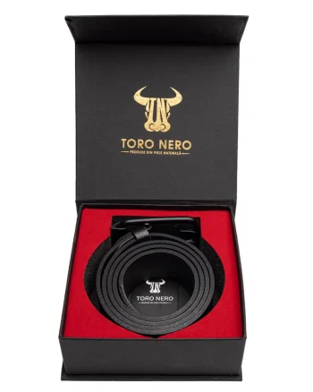 Set cadou curea din piele naturala pentru barbati negru Two holes - 135 cm