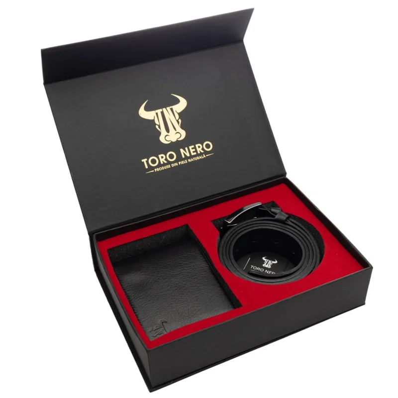 Set cadou portofel + curea din piele pentru barbati negru Muselles xxl - 165 cm