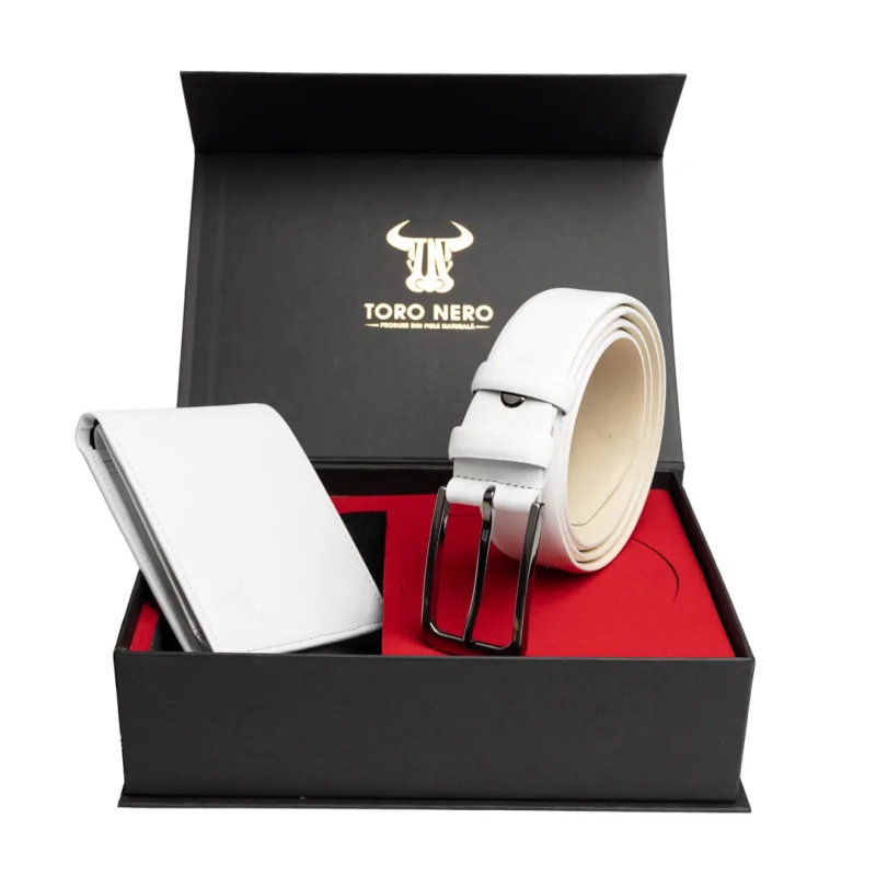 Set cadou portofel + curea din piele pentru barbati alb V.I.P - 110 cm