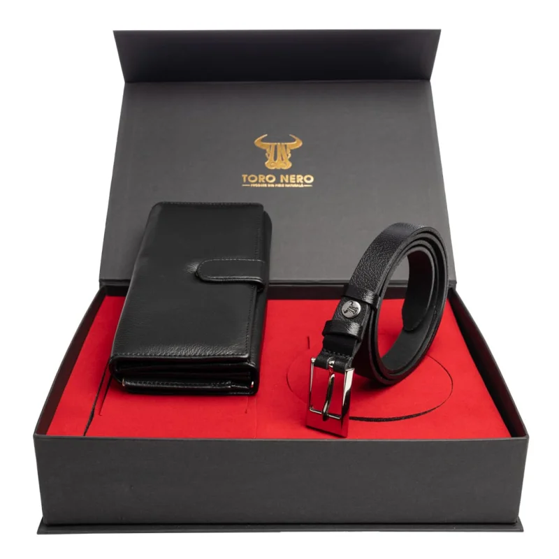 Set cadou portofel + curea din piele pentru femei negru Reset-Slim - 135 cm