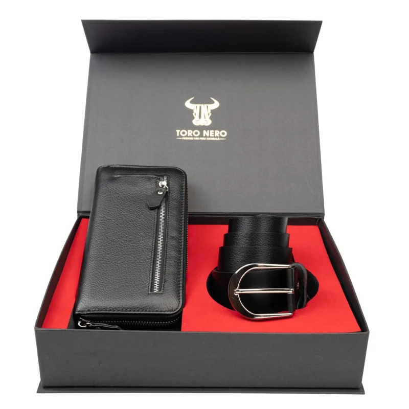 Set cadou portofel + curea din piele pentru femei negru Arya-Thick - 135 cm